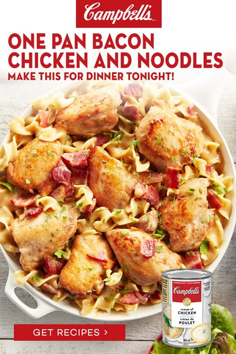 Skillet Suppers, Campbell's Recipes, Campbell Soup Recipes, Chicken And Noodles Recipe, Comfort Food Recipes Casseroles, Condensed Cream Of Chicken Soup, Campbells Soup Recipes, Campbells Recipes, Chicken Bacon Pasta