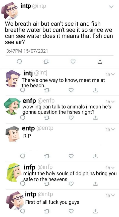 Mbtis intj intp infp entp enfp conversations interactions Intp Intj Memes Funny, Intp Mbti Girlfriend, Intp Mbti Twitter, Intj And Intp Friendship, Enfp Vs Entp, Enfp Intp Friendship, Entp X Intp Relationship, Intp Personality Funny, Intp Enfp Relationship