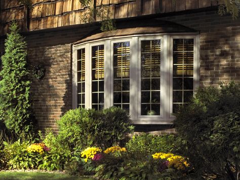 Bay Windows Garage Conversion Exterior, Tudor Ranch, Exterior Window Ideas, Bow Window Treatments, Bow Windows, Bay Bow Windows, Bay Window Ideas, Sunroom Addition, Traditional Windows