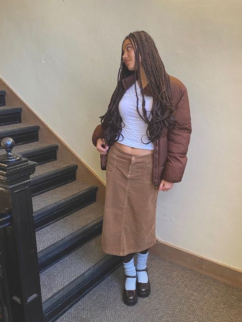 Brown Mary Jane Shoes Outfit, Long Corduroy Skirt Outfit, Brown Denim Skirt Outfit, Brown Corduroy Skirt Outfit, Brown Mary Janes Outfit, Brown Mary Jane Shoes, Platform Shoes Outfit, Brown Skirt Outfit, Corduroy Skirts