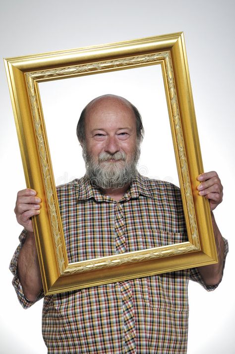 Person Holding Picture Frame, Holding Picture Frame Pose, Holding Picture Frame, Empty Frame, Visual Narrative, Empty Frames, Bald Man, Pre Wedding Party, Old Hands