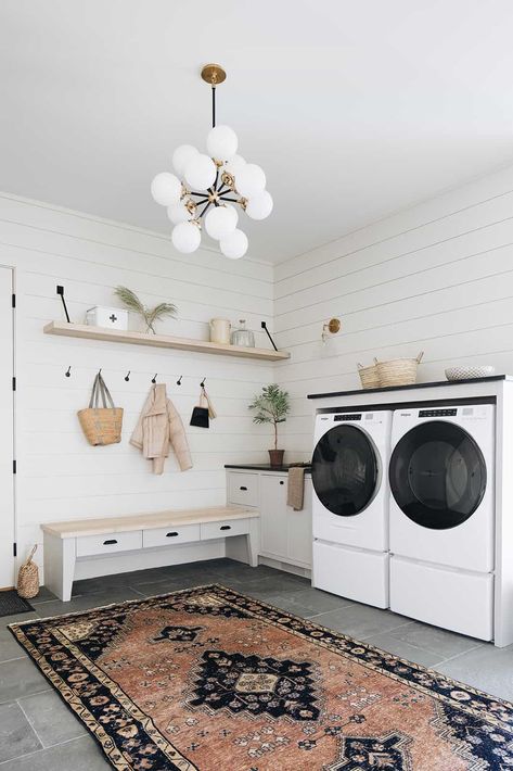 Laundry Room Paint Color, Laundry Room Paint, Laundry Room Rug, Kate Marker Interiors, Basement Laundry Room, Basement Laundry, Mudroom Laundry Room, Laundry Room Shelves, Mud Room Storage