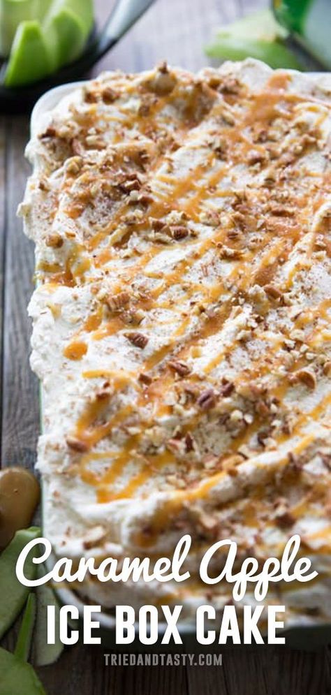 No Bake Caramel Apple Icebox Cake is perfect for your parties and get togethers this season. Light, fluffy & wonderfully decadent you'll immediately fall in love with this treat! #cheesecake #cake #dessert #food #foodie #yummy #homemade #desserts #cakes #baking #delicious #foodphotography #cheesecakelovers #sweet #cookies #birthdaycake #bakery #cheesecakes Caramel Apple Icebox Cake, Apple Icebox Cake, No Bake Caramel Apple Cake, Fall Ice Box Cake, Christmas Ice Box Cake, No Bake Caramel Apple Delight, Apple Recipes No Bake, Fall Icebox Cake, No Bake Apple Desserts