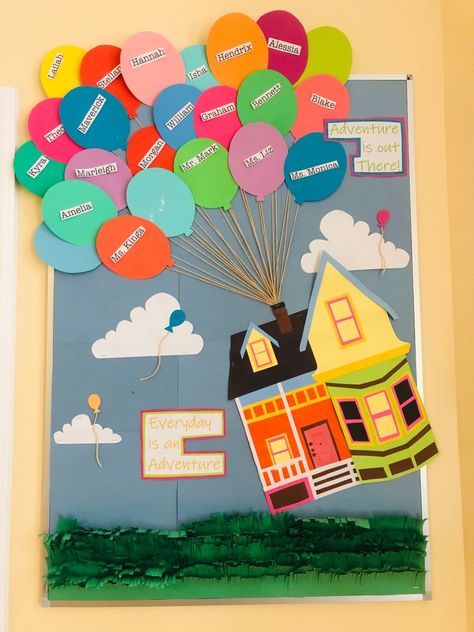 Up Movie Classroom Theme Bulletin Boards, Disney Up Bulletin Board, Adventure Is Out There Bulletin Board, Up House Bulletin Board, Arabic Board Ideas, Up Movie Bulletin Board Ideas, Up Bulletin Board Ideas Disney, Disney Inspired Bulletin Boards, Up Movie Classroom Theme