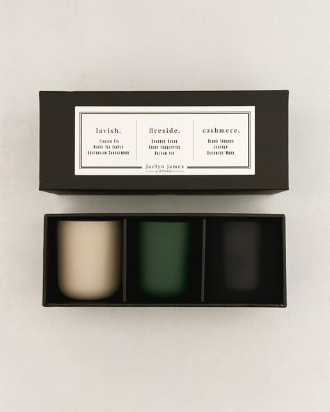 With this trio you will receive 3 - 2.5 oz. ceramic candles in matte cream, green & black, each filled with a unique scent and packaged in a black linen box. Cream Votive is filled with Lavish - Italian Fig, Black Tea Leaves + Australian Sandalwood Green Votive is filled with Fireside - Balsam Fir, Eucalyptus + Charred Cedar Black Votive is filled Cashmere - Blond Tobacco, Leather + Cashmere Wood Each votive is a 2.5 oz pour with a 20+ hour burn time. Hand Poured in the USA. Phthalate Free / Nat Candle Set Packaging, Black Packaging Ideas, Ceramic Candles, Black Tea Leaves, Kitchen Wares, Black Packaging, Candle Packaging, Green Candle, Dream Business