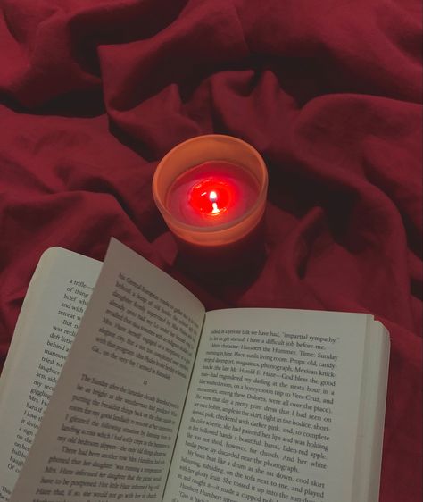 Book Reading | Scented Candle | Red Bed Sheets | Aesthetic Night Red Sheets Aesthetic, Red Cozy Aesthetic, Red Reading Aesthetic, Red Candle Aesthetic, Red Bed Aesthetic, Red Study Aesthetic, Red Candles Aesthetic, Red Bed Sheets, Bestie Aesthetics