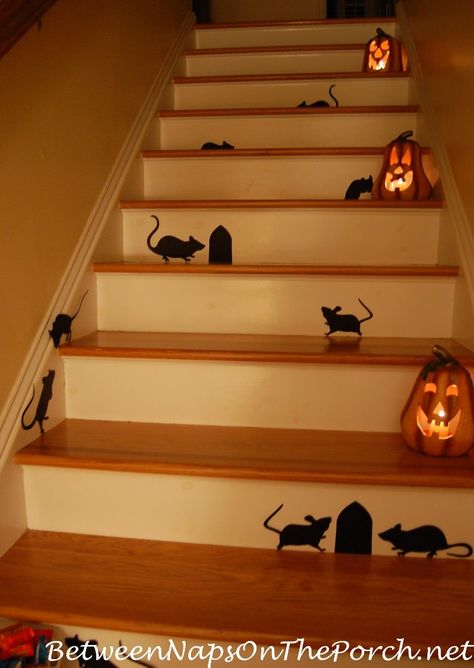 Decorating for Halloween, Mice on a Staircase – Between Naps on the Porch Staircase Decor Ideas, Annual Halloween Party, Interior Staircase, Staircase Decor, Stair Decor, Unique Fall, Ideas Family, Halloween Inspiration, Fall Porch