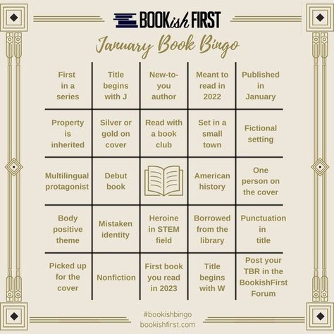 A bingo board with a cream-colored background and a decorative border. The prompts are all bookish and related to reading challenges Bookish Bingo, Camping Bingo, Bingo Books, Road Trip Bingo, Bingo Casino, Summer Bingo, Free Printable Bingo Cards, Bingo Games For Kids, Bingo Online