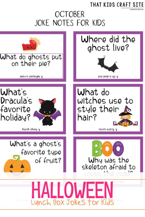 Free Printable Halloween Lunch Box Jokes for Kids  - ThatKidsCraftSite.com Halloween Lunch Box, Halloween Playlist, Halloween Lunch, Lunchbox Jokes, Free Printable Halloween, Halloween Jokes, Lunchbox Notes, Halloween Baskets, Lunch Box Notes