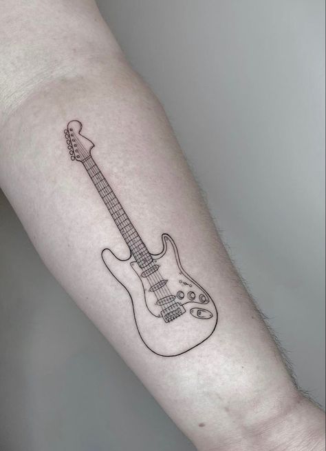 Fineline Guitar Tattoo, Music Tattoo Guitar, Fender Stratocaster Tattoo, Line Guitar Tattoo, Fender Strat Tattoo, Guitar Tattoo Aesthetic, Guitar Outline Tattoo, Guitar Aesthetic Tattoo, Mini Guitar Tattoo