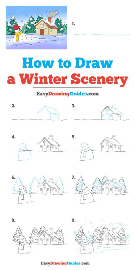 How to Draw a Winter Scene: Step by step drawing tutorial Landscape Art Lessons, Winter Drawings, Drawing Lessons For Kids, Scene Drawing, Easy Drawing Tutorial, Winter Szenen, Christmas Doodles, Drawing Tutorial Easy, Winter Scenery