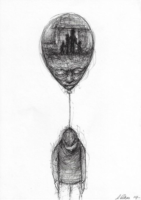 a ballpoint pen drawing of a boy with his head facing down while a balloon is floating from him with an image of his face and a memory on the balloon Campfire Stories, Conceptual Drawing, Arte Indie, Creepy Drawings, رعب نفسي, Meaningful Drawings, Deep Art, 흑백 그림, Wallpaper Bts