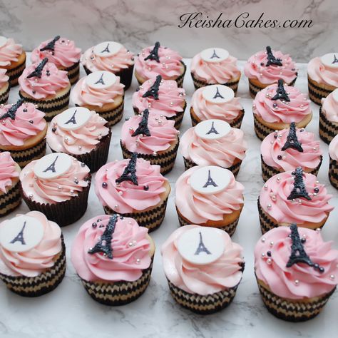 Pink buttercream used on vanilla cupcakes with an edible image and fondant Eiffel Tower decorations. Eiffel Tower Cupcakes, French Themed Cupcakes, Paris Theme Cupcakes, Paris Theme Cake, Paris Cupcakes, French Cakes, Parisian Birthday, Paris Themed Cakes, Paris Sweet 16