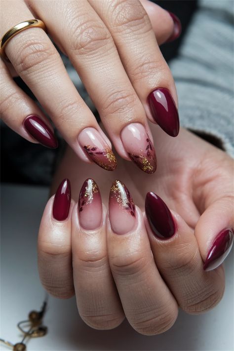 Embrace the beauty of autumn with these elegant acrylic fall nail ideas that blend warm oranges, deep reds, and soft browns. Perfect for capturing the essence of the season, this stunning nail art features intricate leaf designs and subtle shimmer, reflecting the colorful foliage outside. Transform your nails into a canvas of fall beauty, making every gesture an expression of seasonal style. Don’t miss out on these enchanting designs! Black And Red Fall Nails, Fall Nail Designs Almond Shape Short, Nail Art Designs For Marriage, Nail Ideas Red And Gold, Autumnal Nail Designs, Red Fall Nails Ideas, Maroon Wedding Nails, Fall Red Nails Designs, Fall Nail Designs Red