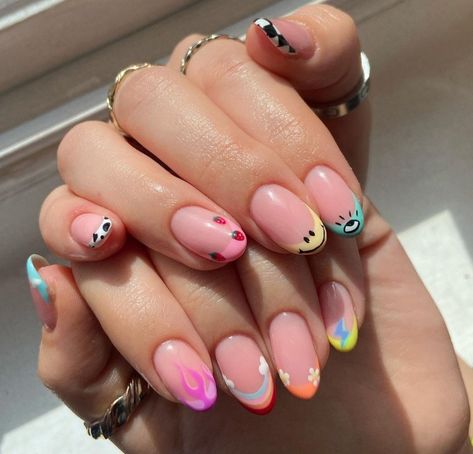 Friend Tip Nails, Groovy French Tip Nails, Short Festival Nails, Mix Match Nails, Cute Summer Nail Designs, 2024 Nails, Summer Nail Designs, Hippie Nails, Aesthetic Nails