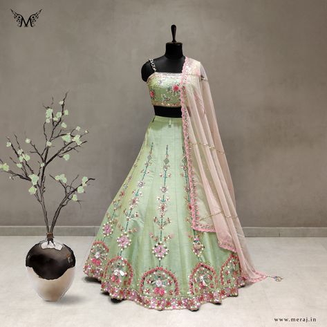 This stunning pista green lehenga is a perfect fusion of simple yet classy combination on a pure raw silk fabric beautifully embellished with metallic ornaments, beads and pearls paired with an organza dupatta giving a very contemporary look, best suited for sangeet occasion. Light Pista Colour Combination, Light Green Lehenga Color Combos, Pista Green Lehenga Combination, Pista Green Suit Combination, Pista Colour Combination, Pista Green Lehenga, Lemon Green Colour, Green Contrast Color, Metallic Ornaments