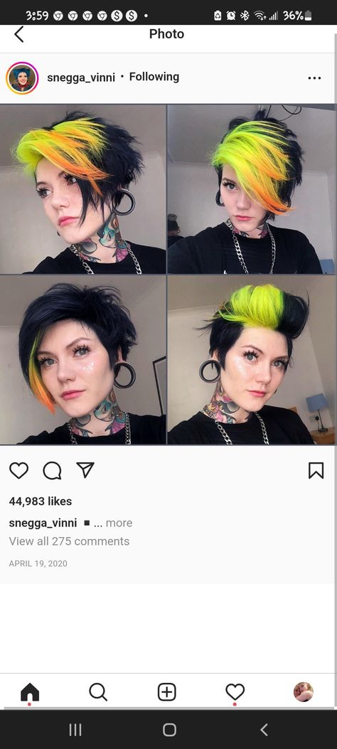 Short Colorful Hairstyles, Short Hair Split Color, Vibrant Short Hair Color, Two Color Pixie Hair, Coloured Short Hair Pixie Haircuts, Pixie Haircut Colour Ideas, Split Dyes For Short Hair, Mohawk Color Ideas For Women, Color Block On Short Hair