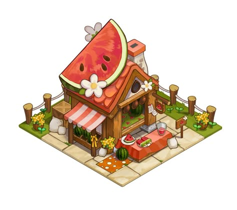 ArtStation - Isometric buildings : bakery, watermelon house, restaurant, Soyun Lee Isometric Interior, Isometric Drawing, Casual Art, Props Art, 2d Game Art, Building Concept, Isometric Art, Cute Cottage, Isometric Illustration