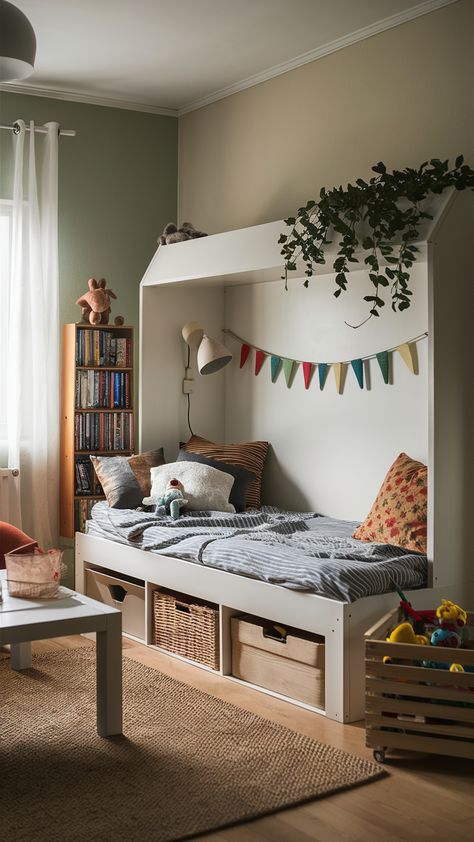 Discover how to create a playful and inviting living room with the versatile KURA reversible bed! This clever design not only serves as a cozy sleeping spot but also transforms into a charming reading nook when positioned against the wall. Enhance your space with a FLISAT book display and KNAGGLIG wooden crate for organized toy storage, while colorful SMÅSTAD wall-mounted units add a touch of personality. Soft ambient lighting from a RANARP floor lamp sets the perfect mood for relaxation. Ready to elevate your living room? Click to explore more styling ideas! #IKEAStyle #HomeDecor #KURABed #PlayfulSpaces #ReadingNook #InteriorDesign #ToyStorage Flisat Book Display, Inviting Living Room, Kura Bed, Playful Decor, Toy Organization, Book Display, Clever Design, Wooden Crate, Lamp Sets