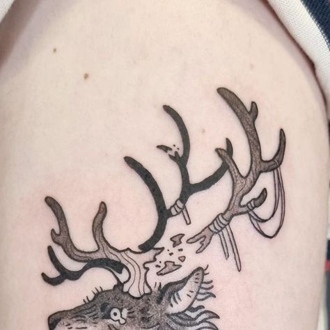 Jaimie 유경 on Instagram: "Sad stag from my flash for Adrian! Thanks for coming 😊 . . . . . . . . #vancouvertattoo #tattoovancouver #vancouvertattooartist #forearmtattoo #armtattoo #Canadatattoo #qttr #queertattooer #animaltattoo #koreantattooartist #blackworktattoo #illustrationtattoo #yvrtattoo #deertattoo #stagtattoo #elktattoo #antlertattoo" Deer Wolf Tattoo, Roadkill Tattoo, Antlers Tattoo, Buck Tattoo, Tattoos That Mean Something, Deer Tattoos, Deer Head Tattoo, Elk Tattoo, Antler Tattoo