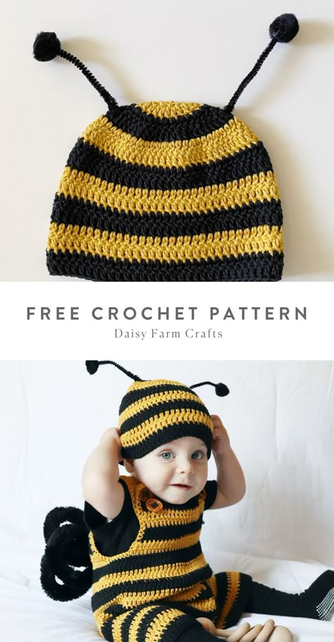 Free Crochet Pattern - Baby Bumblebee Halloween Costume Crochet Baby Halloween, Bumblebee Halloween, Halloween Costume Crochet, Crochet Halloween Costume, Costume Crochet, Boy Crochet Patterns, Daisy Farm Crafts, Bee Hat, Crochet Baby Costumes