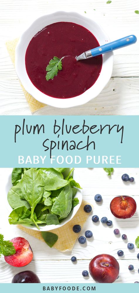 Plum Baby Food, Homemade Baby Puffs, Homemade Baby Snacks, Stage 2 Baby Food, Homemade Baby Food Storage, Baby Spinach Recipes, Baby Food Puree, Baby Food Combinations, Making Baby Food