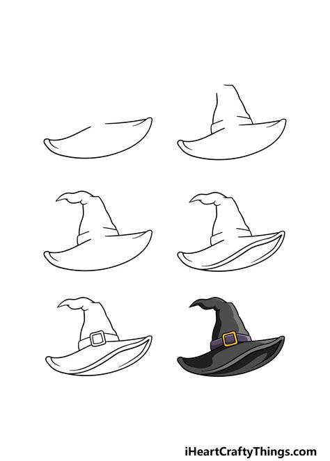 Witch Hat Drawing - How To Draw A Witch Hat Step By Step Witch’s Hat Drawing, Witchy Hat Drawing, How To Draw Witches Hat, How To Draw Witch Hats, Witch Hat Drawing Easy, Witch Hat Outline, Wizard Hat Drawing Reference, Witch’s Hat, How To Draw A Witch Hat