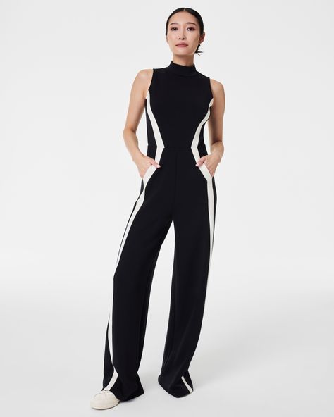 AirEssentials Mock Neck Striped Track Jumpsuit Jumpsuit Outfits, Knit Structure, Wide Leg Romper, Striped Jumpsuit, Crewneck Dress, Weekend Wear, Black White Fashion, Sleeveless Jumpsuits, Mock Neck