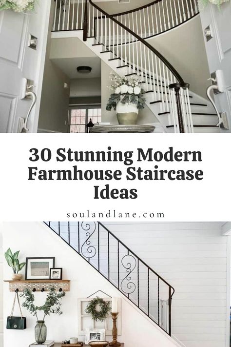 Elevate your home with stunning modern farmhouse staircase ideas that perfectly blend rustic charm with contemporary elegance. Discover staircases that become focal points in their own right, featuring clean lines, natural wood finishes, and industrial metal accents. Learn how to incorporate elements like shiplap walls, wrought iron balusters, and reclaimed wood steps to create a look thats both timeless and on-trend. Transform your staircase into a striking design statement that welcomes guest White Stairs Black Metal Railing, Rustic Staircase Farmhouse Style, Farmhouse Staircase Wall Decor, Wood And Metal Staircase, Staircase Entryway Ideas, Open Staircase Ideas, Modern Farmhouse Staircase, Iron Stair Balusters, Farmhouse Staircase