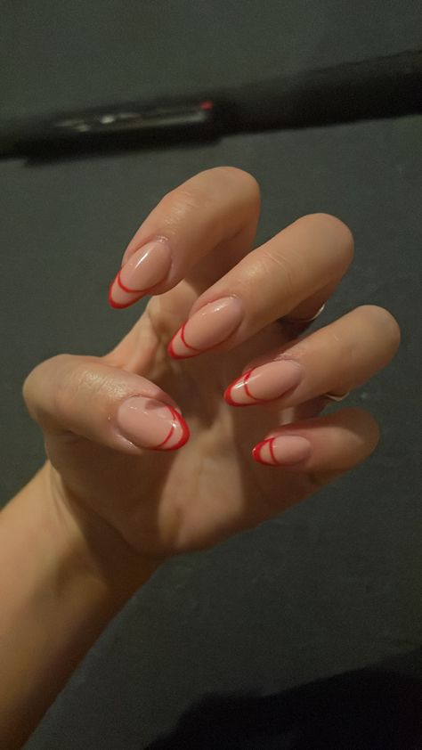 Red French Tips Nails Coffin, Double French Red Nails, Double Line French Tip Nails Red, Red Holographic Nails French Tip, French Manicure Red Tips Almond, Two Tone Red French Tip Nails, Red Outlined French Tip Nails, Red French Outline Nails, French Manicure With Red Line