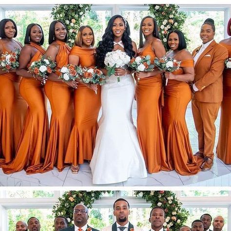 Weddings OnPoint on Instagram: "Love this! Bride @__t.nicole__ 👗: @impressionbridalstores @jessicaangelcollection 👔: @amgbespokehtx 💄: @morleiahbeats @vanitythrone 📸: @mr1080photoz 💇🏾‍♀️: @dahairdoclab ____________________ #weddingsonpoint #bridesmaids #bridalparty #bridesmaiddress #blackbride #blackbrides #groomsmen #groom #weddingparty #groomsman" Fall Wedding Colors September, Fall Wedding Black People, Orange Wedding Theme, Black People Weddings, Brown Wedding Themes, Weddings 2024, Bridal Train, Orange Wedding Themes, Jasmine Wedding