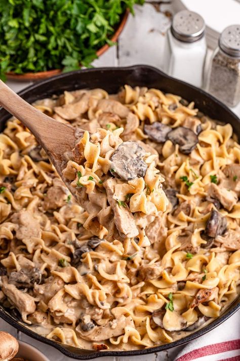 After a big holiday feast, it's no surprise that you're going to end up with plenty of leftover turkey. While turkey sandwiches can be tasty, sometimes you crave something a bit different. Why not switch things up with this easy and delicious leftover turkey stroganoff? This dish is bursting with flavor, with ingredients like paprika, sour cream, noodles, and mushrooms. It's easy to make and nobody will be complaining about "turkey again" when you serve up something this creamy, rich and tasty! Turkey Stroganoff Recipe Easy, Sour Cream Noodles, Noodles And Mushrooms, Leftover Turkey Ideas, Turkey Stroganoff Recipe, Cream Noodles, Turkey Stroganoff, Leftover Chicken Breast, Turkey Ideas