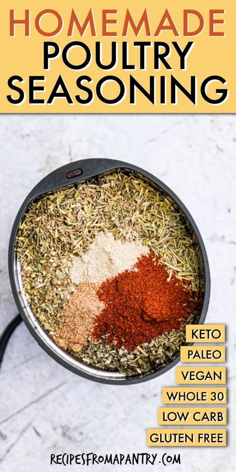 This Homemade Poultry Seasoning recipe is fragrant, full of flavor and so easy to make! In less than 10 minutes, you can have your very own homemade spice mix. Perfect for adding flavor to poultry, soups, casseroles and more, this homemade poultry spice mix is also a fun and affordable edible gift. #poultryseasoning #poultyspicemix #homemadepoultryseasoning #spicemixes #homemadespices #DIYspiceblend #spices #seasoning #spiceblends #poultry #ediblegift #glutenfree Poultry Seasoning Recipe Simple, Poultry Seasoning Substitute, Homemade Poultry Seasoning Recipe, Poultry Seasoning Recipe, Pot Roast Gravy, Savory Seasoning, Herb Blends, Roast Gravy, Homemade Spice Mix