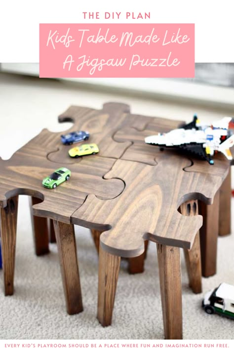 Every kid’s playroom should be a place where fun and imagination run free. The best kind of playroom is one where all the furniture is kid furniture. If you’re looking to build something creative for your little ones, try this DIY kids table made like a jigsaw puzzle. You could take this table apart and use it as an individual stepping stool, or just a chair to sit on. #diy #freeplans #projects #homedecor #interior #furniture #woodproject #game #doityourself #homeimprovement #kids #puzzle #idea Game Chair Ideas, Kids Furniture Ideas, Creative Wood Projects, Diy Kids Chair, Diy Kids Table, Kid Furniture, Kids Tables, Stepping Stool, Table For Kids