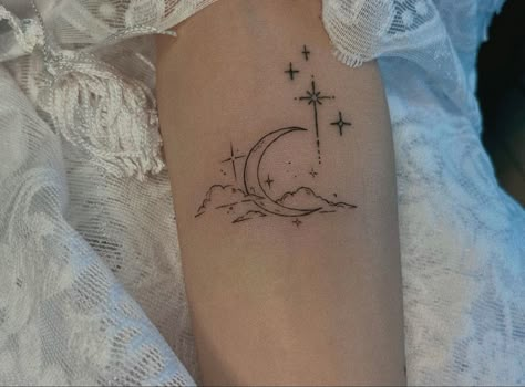 Moon Forearm Tattoo, Moon And Clouds Tattoo, Women's Back Tattoos, Funky Tattoos, Hand And Finger Tattoos, Cloud Tattoo, Small Pretty Tattoos, Petite Tattoos, Cute Tattoos For Women