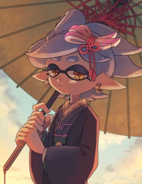 Marie Splatoon Fan Art, Splatoon 2 Marie, Tentacle Hair, Black Haori, Grey Kimono, Marie Splatoon, Mole Under Eye, Holding Umbrella, Oil Paper Umbrella