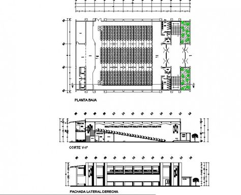 Elevation, plan and sectional detail of multiplex theater building 2d view layout file in autocad format Theatre Section, Theater Building, Theatre Building, Elevation Plan, Door Detail, Drawing Block, Autocad Drawing, Front Elevation, Home Theater