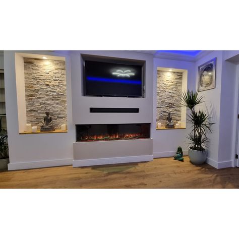 Stunning Panoramic Fire with the option of a 3D look. Realistic fire adds to the beautiful look of this fire and gives off home vibes; creating a relaxing atmosphere. A stunning addition to any home and easy on the eye. Designed to be a feature wall fire so 3 sides of glass mean it can be fitted as either a 1-sided, 2-sided, or 3-sided fire giving you the utmost flexibility. Size: 46.2cm H x 205.8cm W x 19cm D Fire Feature Wall, Brick Living Room, Home Vibes, Wall Fires, Feature Wall Living Room, Electric Fire, Chimney Breast, Wall Mount Electric Fireplace, Real Fire