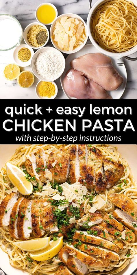 Easy 20-Minute Lemon Chicken Pasta Italian Chicken Over Lemony Spaghetti, Crispy Lemon Chicken Pasta, Lemon Pepper Pasta With Chicken, Lemon Pasta Dishes, Lemon Pepper Chicken With Pasta, Lemon Chicken Pasta Recipes Easy, Lemon Butter Feta Chicken Pasta, Lemon And Chicken Pasta, Lemon Pepper Chicken Meal Ideas