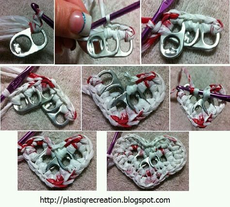 Tab heart Pop Tab Heart, Pop Top Crafts, Pop Tab Purse, Lon Bia, Soda Tab Crafts, Pop Can Tabs, Plastic Bag Crafts, Can Tab Crafts, Soda Can Tabs