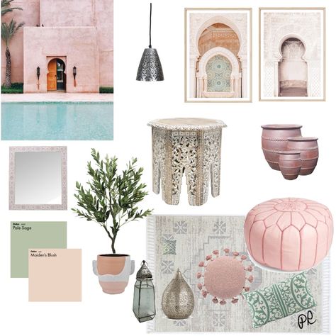 Moroccan Sage & Blush Marroco Style Decor, Moroccan Interiors Modern, Blush Interior Design, Moroccan Mood Board, Moroccan Home Design, Blush Interior, Modern Moroccan Decor, Moroccan Fountain, Ambience Decor