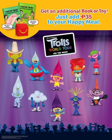 McDonalds Trolls Toys 2020 Philippines in happy meals during May. Set of 10 happy meal toys. Mcdonalds Philippines, Trolls Toys, Mr Dinkles, Queen Barb, Mc Donald, Mcdonalds Toys, Pink Dolphin, Dreamworks Trolls, 1 April