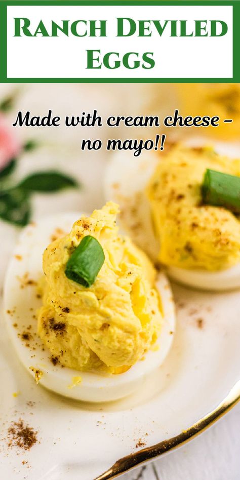 Ranch deviled eggs are so unique! The <span class="wprm-glossary-term wprm-glossary-term-43810 wprm-tooltip" data-tooltip="high fat dairy product/ also to beat one or more ingredients, usually margarine or butter, sugar, and/or eggs, until the mixture is smooth and fluffy.">cream</span> cheese gives them an extra rich texture and deliciously tangy flavor without any mayonnaise or mustard. No Mustard Deviled Eggs, Pickled Ranch Deviled Eggs, Low Sodium Deviled Eggs, Deviled Eggs Cream Cheese, Deviled Eggs Recipe No Mustard, Deviled Eggs With Cottage Cheese, Deviled Eggs No Mustard, How To Make Deviled Eggs, Deviled Eggs Without Mustard