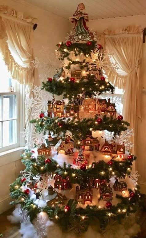 Christmas Tree Under Decor, Christmas Village Tree, Christmas Tree Village Display, Diy Christmas Village Displays, Village Tree, Christmas Tree Inspo, Christmas Tree Village, Diy Christmas Village, Home Simple