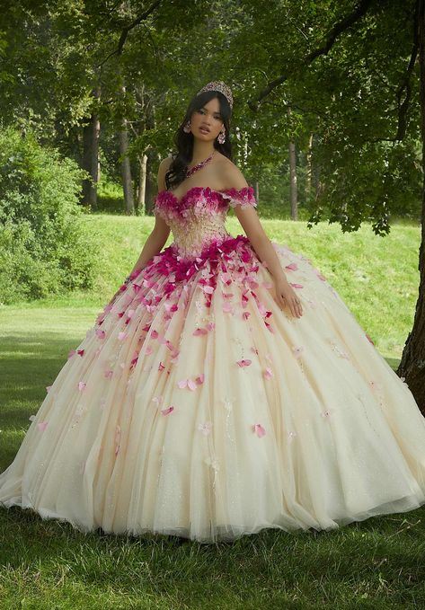 Three-Dimensional Ombré Floral Quinceañera Dress Ombre Flowers, Pretty Quinceanera Dresses, Quince Dress, Princess Sleeves, Mori Lee, Corset Bodice, Quince Dresses, Blush And Gold, A Line Gown