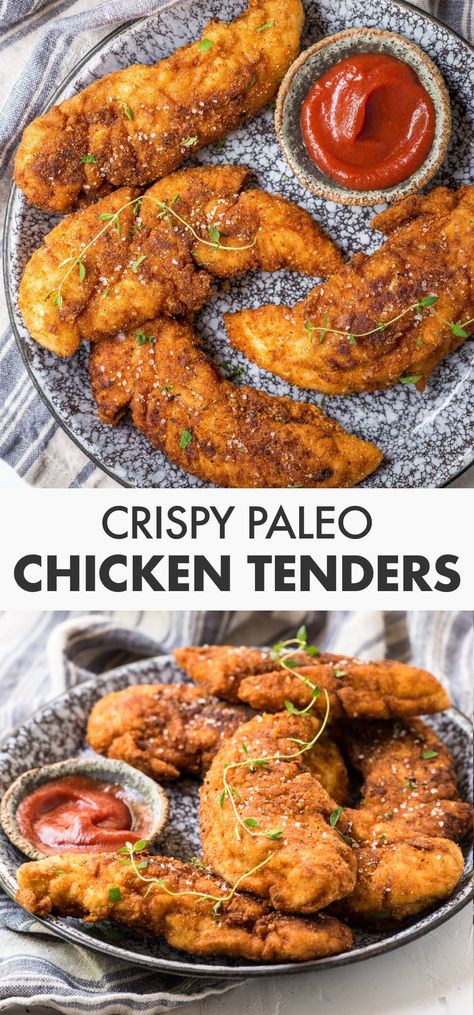 The best easy paleo chicken tenders that are gluten-free and totally crispy! Paleo Fried Chicken, Chicken Tender Recipes Baked, Paleo Chicken Breast, Paleo Chicken Tenders, Gluten Free Chicken Tenders, Easy Paleo Chicken, Homemade Chicken Tenders, Boiled Chicken Recipes, Paleo Meat Recipes