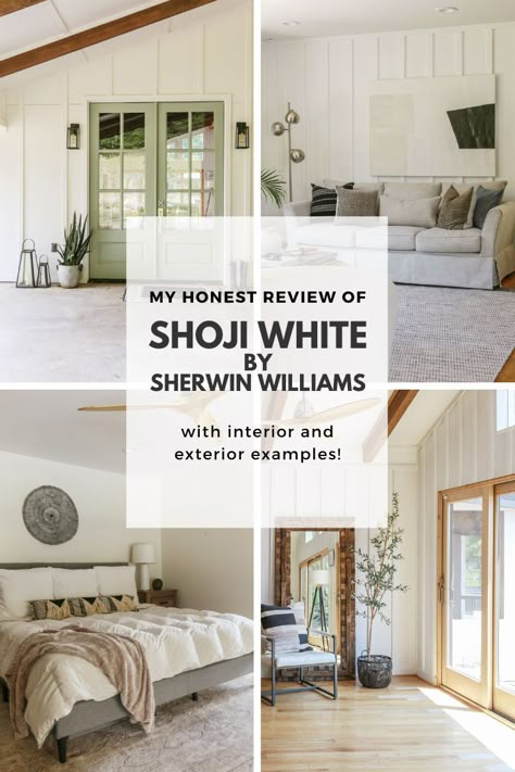 White Interior Paint, White Exterior Paint, Sherwin Williams White, Board And Batten Exterior, Home Inspo Cozy, Lake House Interior, Shoji White, Colored Ceiling, White Paint Colors