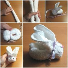 I loved that my grandma had these cute little hand towel bunnies.  She always put a little treat inside. Towel Animals How To Fold, Towel Animals How To Fold Easy, Washcloth Elephant, Boo Boo Bunny, Towel Bunny, Washcloth Animals, Napkin Folding Tutorial, Towel Origami, Easy Napkin Folding