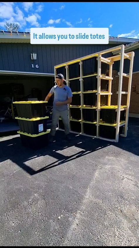 Ben Meyers | DIY TOTE STORAGE RACK step by step build tutorial for 102L or 27G totes. The materials for this project including the totes costs $250 it… | Instagram Tote Shelves Diy, Diy Tote Storage Rack, Life Jacket Storage, Wood Storage Ideas, Diy Storage Shelves, House Garage, Diy Tote, Storage Idea, Basement Storage