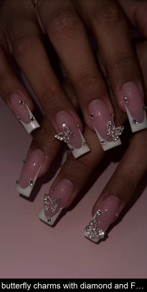 butterfly charms with diamond and F… - #nailinspotrendy #trendynailinspo2024 #trendynails #nails2024 Ongles Bling Bling, Sweet 16 Nails, Birthday Nail, Bday Nails, Acrylic Nail Set, Nails Coffin Short, Girly Acrylic, French Acrylic Nails, Girly Acrylic Nails